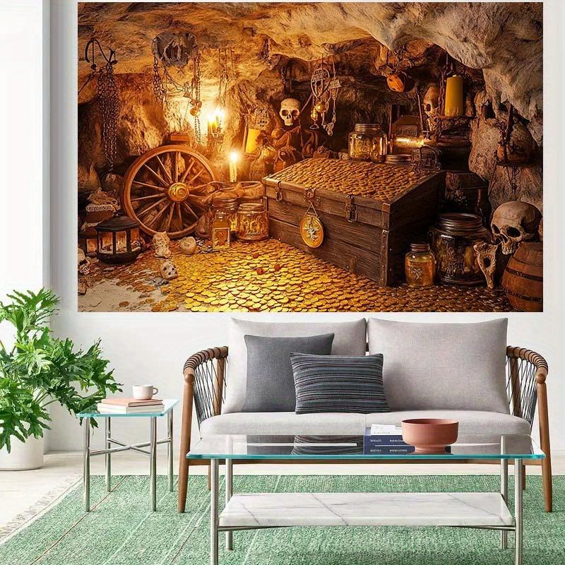 1 2D Pirate Treasure Chest Background Cloth  Featuring Gold Coins  Skulls and Candlelight - Polyester Party Decoration