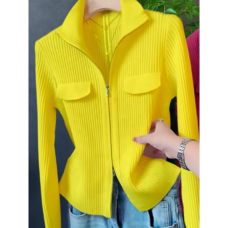 

Versatile Zip-Up Long-Sleeve Knit Cardigan with Turn-Down Collar for Early Spring L (100-110 Jin) зелений