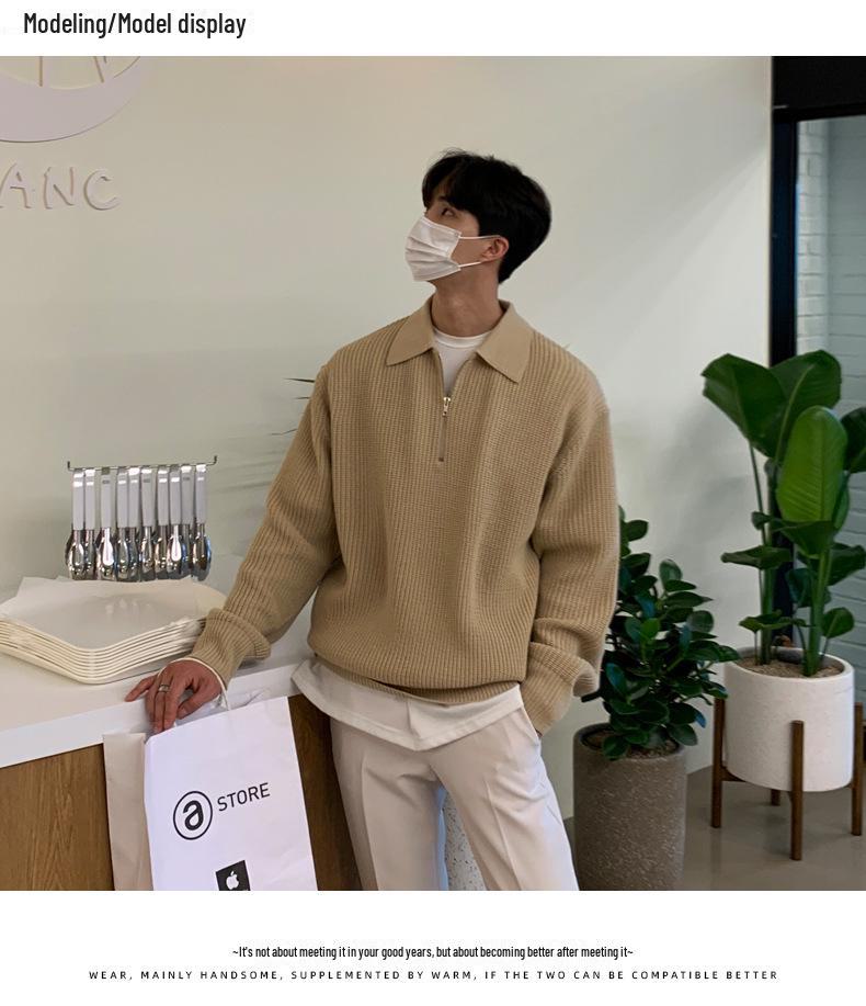 Men's Trendy Polo Collar Knit Sweater with Half-Zip - Long Sleeve, Solid Color, Autumn/Winter Style.