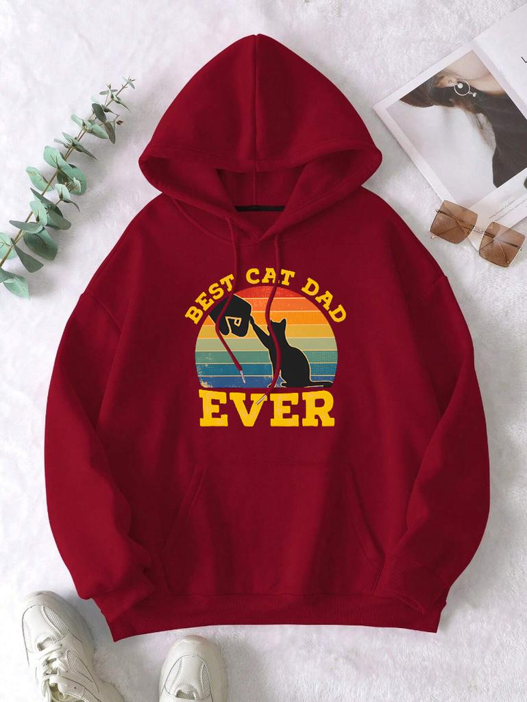 Best Cat Dad Ever Pattern Womens Hoody Hip Hop Fleece Hoodies Pocket Loose Y2K Clothes Casual Autumn Multicolor Pullover