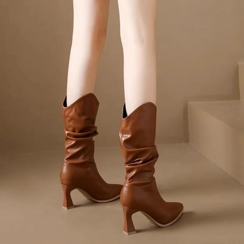 Trend 2024 Women's Half High Boots Retro Middle Heel Designer Luxury Winter Ladies Mid Calf Shoes Novelty Quality Waterproof New