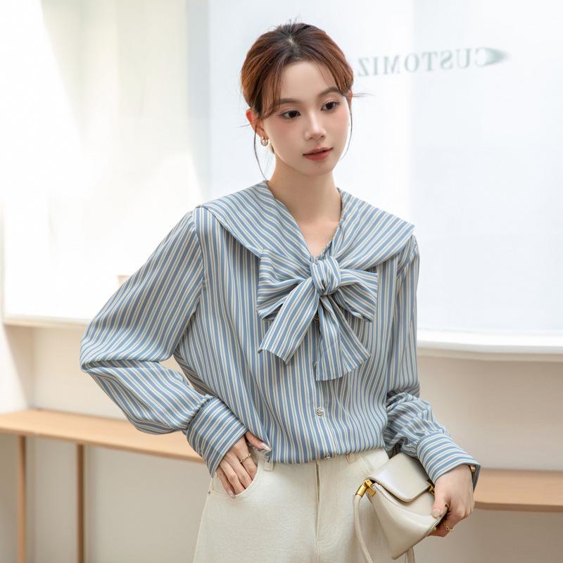 2026 Spring Women s French Chic Lace-Up Striped Long Sleeve Shirt Small синий