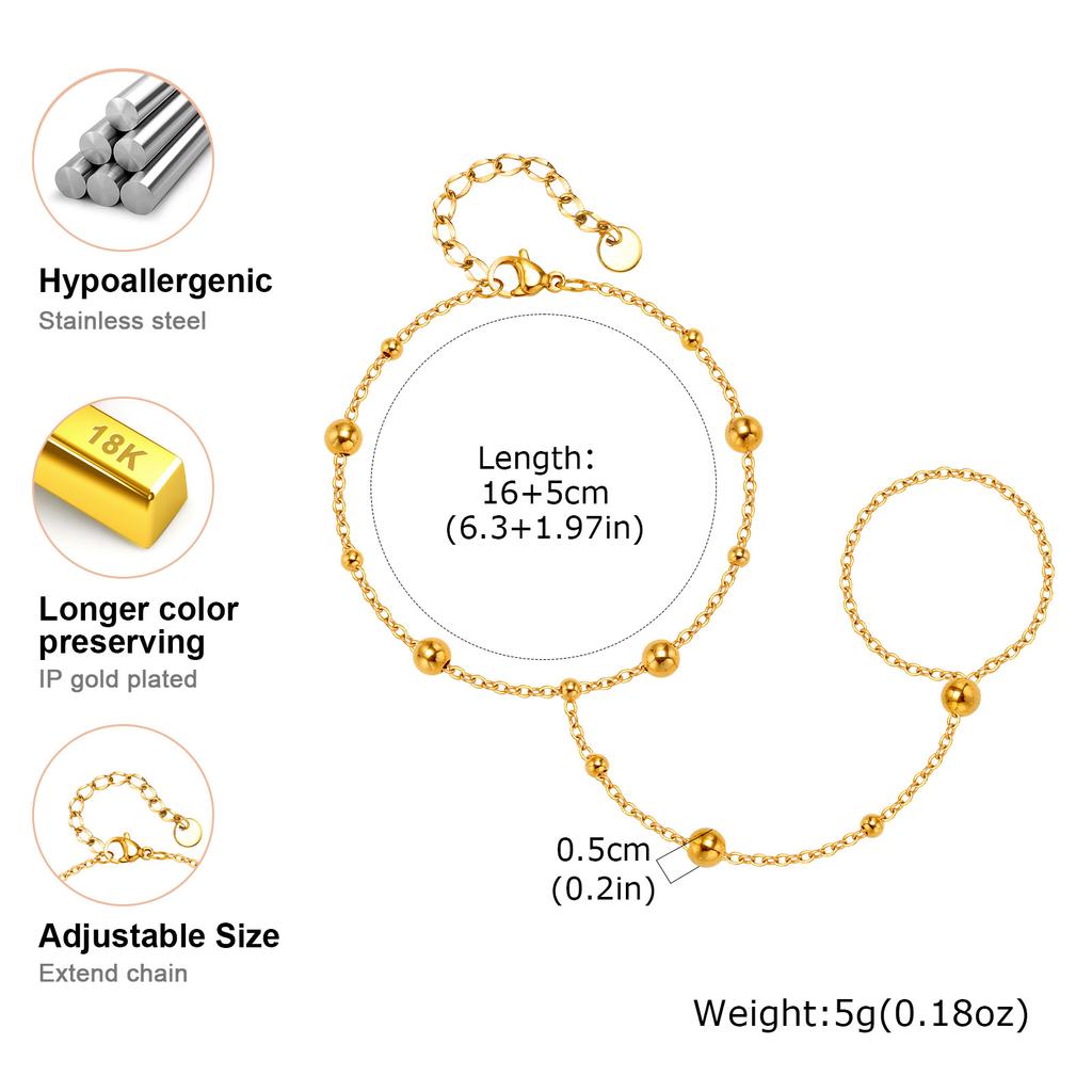 Stainless Steel Bead Hand Chain Bracelet For Women, Trendy Ring Bracelet Hand Chain Body Jewelry