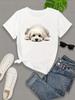 T-shirt Casual da Donna con Girocollo e Maniche - Stampa Cane Maltese Carino Verde Vivace Media Elasticità Maniche Harajuku Casual da Donna