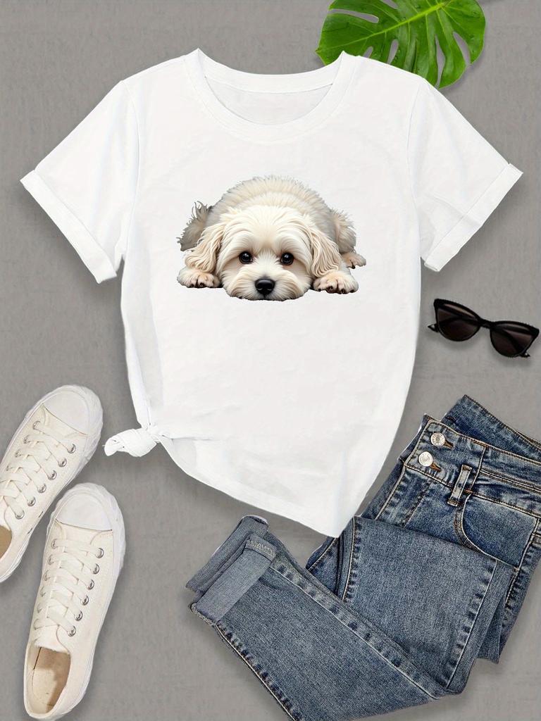 T-shirt Casual da Donna con Girocollo e Maniche - Stampa Cane Maltese Carino Verde Vivace Media Elasticità Maniche Harajuku Casual da Donna