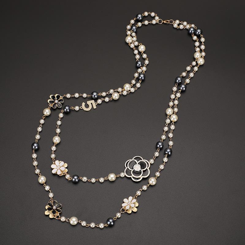 2023 Glass Pearl Double Layer Long Pendant Necklace for Women