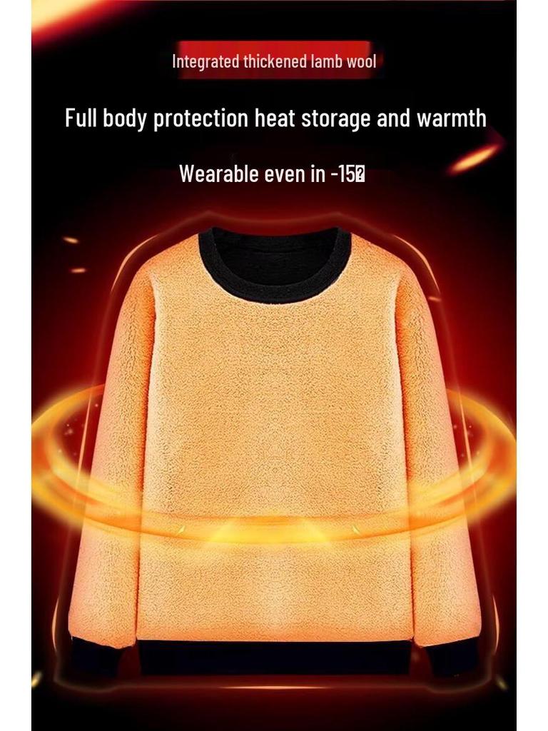 Men's Winter Lambswool Round Neck Hoodie, Thick Warm Solid Color Pullover with Plus Velvet Base Layer.