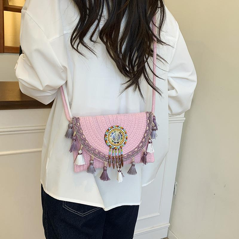 Contrasting Color Hand-woven Fringed Small Square Bag 2025 New Summer Versatile Casual Ethnic Style Shoulder Messenger Bag