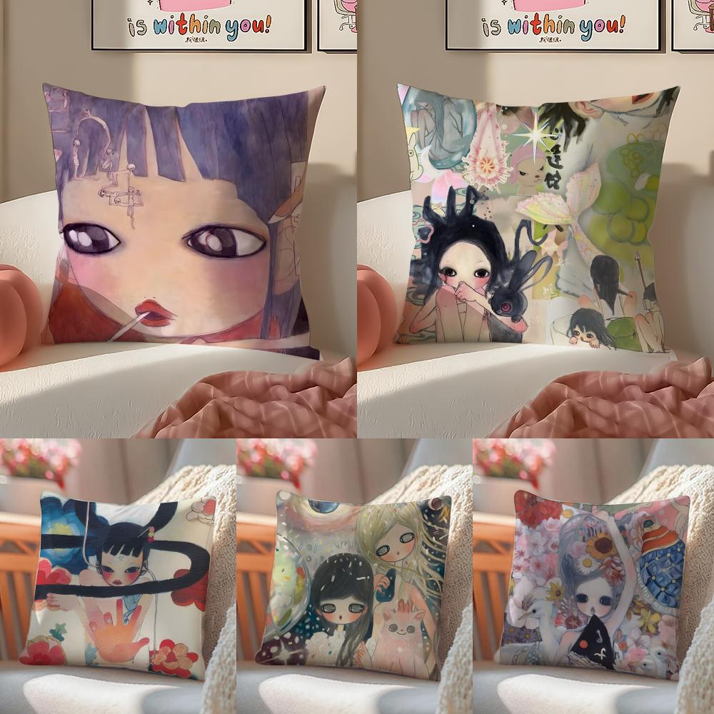 Warm Cute Surreal Japanese Art AAya Takano Cushion Cover Pillowcase Short Plush Invisible Zipper Room Sofa Cushion Cover
