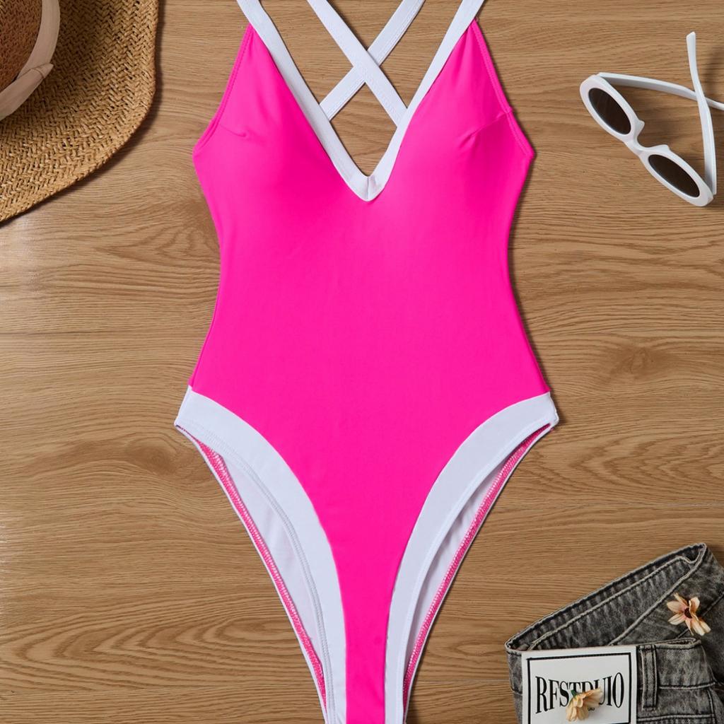 Damen Farbblock Kontrastbesatz Tiefes V Halter Einteiler Badeanzug Hoher Schnitt Schlank Bauchkontrolle Monokini Badeanzug