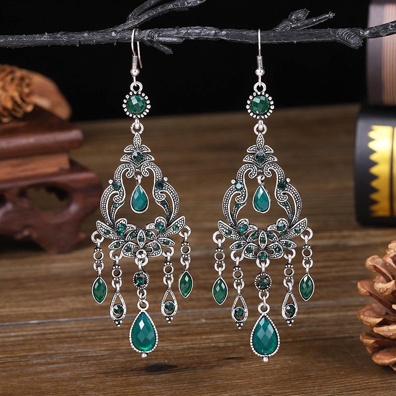 Vintage Ethnic Rhinestone Long Earrings Light Luxury Texture Flower Shaped Water Drop Earrings for Women Retro Jewelry Gift зелёный