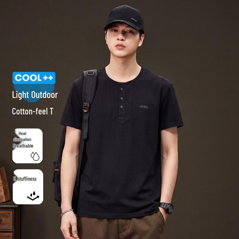 JEEP Men s American Retro Henley Short Sleeve T-Shirt M чёрный