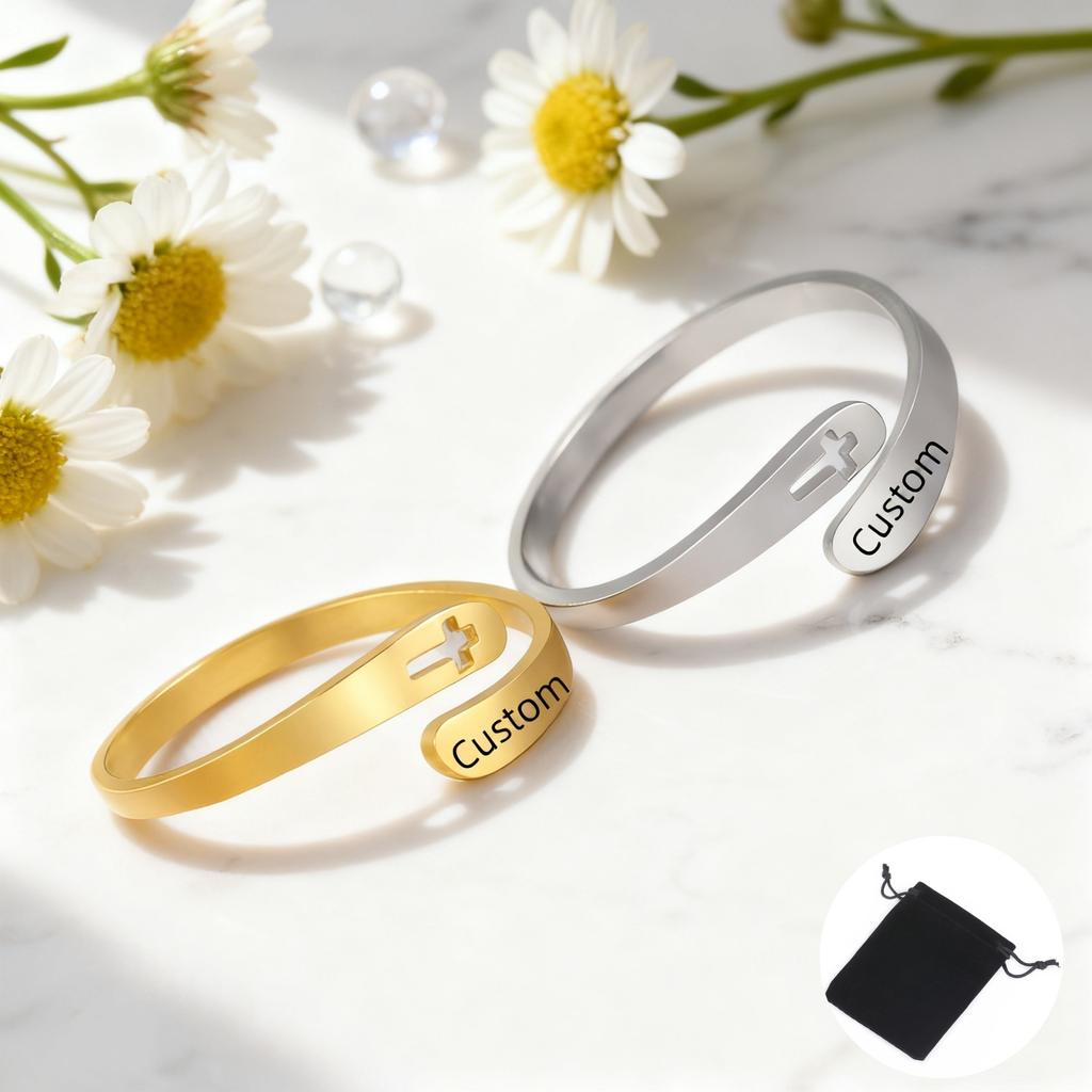 Name Date Hollow Cross Open Ring Stainless Steel  Carving Name Couple Cross Ring Valentine'S Day Gift