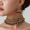 Bohemian Exotic Rhinestone Tassel Necklace & Earrings Set In Antiqued Alloy