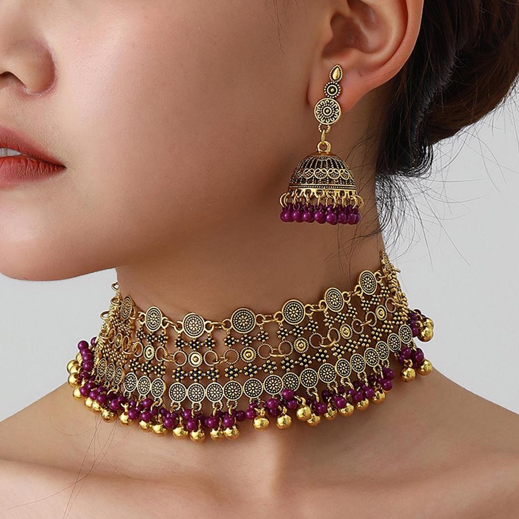 Bohemian Exotic Rhinestone Tassel Necklace & Earrings Set In Antiqued Alloy