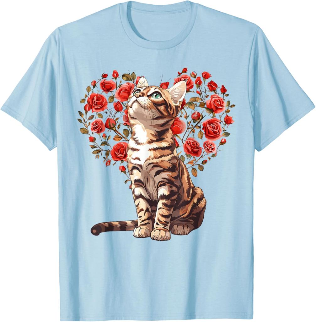 Bengal Cat Heart Rose Floral T-Shirt Cute Cat Lovers Casual Daily Graphic Tee
