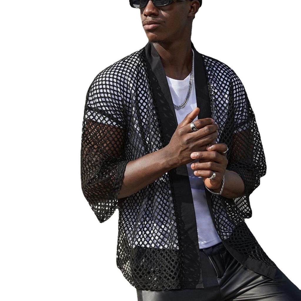 2026 Herren Netzoberteile Ausgeschnittenes T-Shirt Maskuliner Cardigan Schal Streetwear Modebekleidung Oberteil Hemd Herren Chemise Homme
