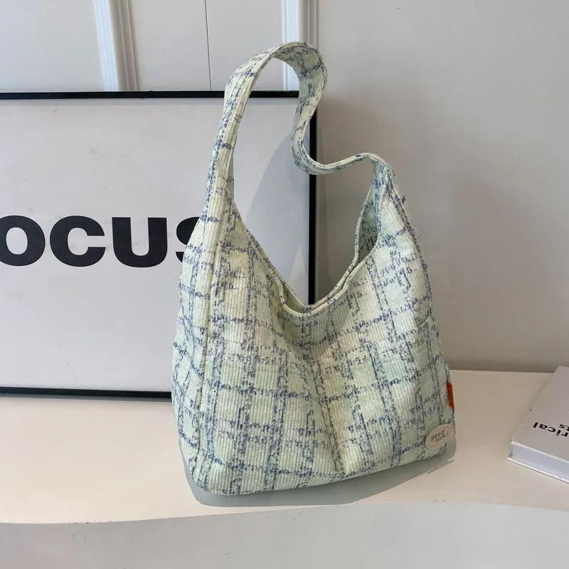 Large Capacity Underarm Bag Female  New Student Class Plaid Canvas Bag Versatile Shoulder Commuter Tote Bag
