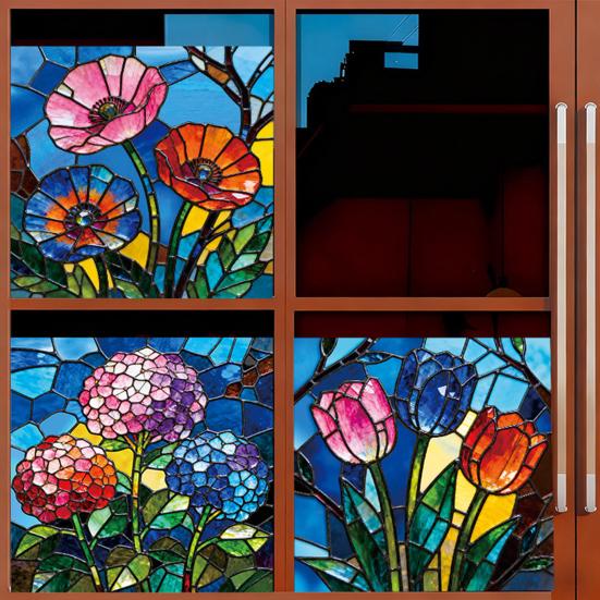 3 Pcs Stained Glass Flowers Window Privacy Film Colorful Floral Window Clings Sun Blocking Removable Static Stickers for Living Room Bathroom