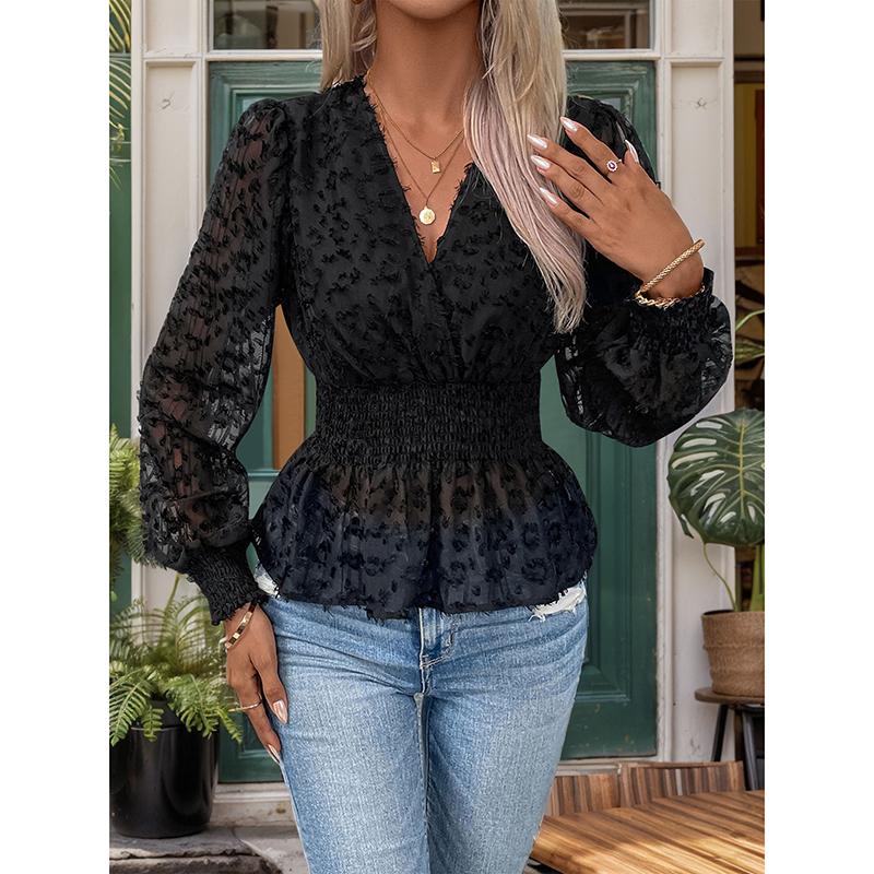 Elegant Sexy Pure Color Slim Fit Long Sleeve V-Neck Women's Shirt Bubble Sleeve Translucent Design Fashionable Commute Style
