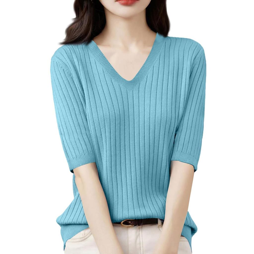 Women's Fashion Loose Knit Sweater Bottom Shirt V-Neck Pullover Half Sleeve Solid Color Top