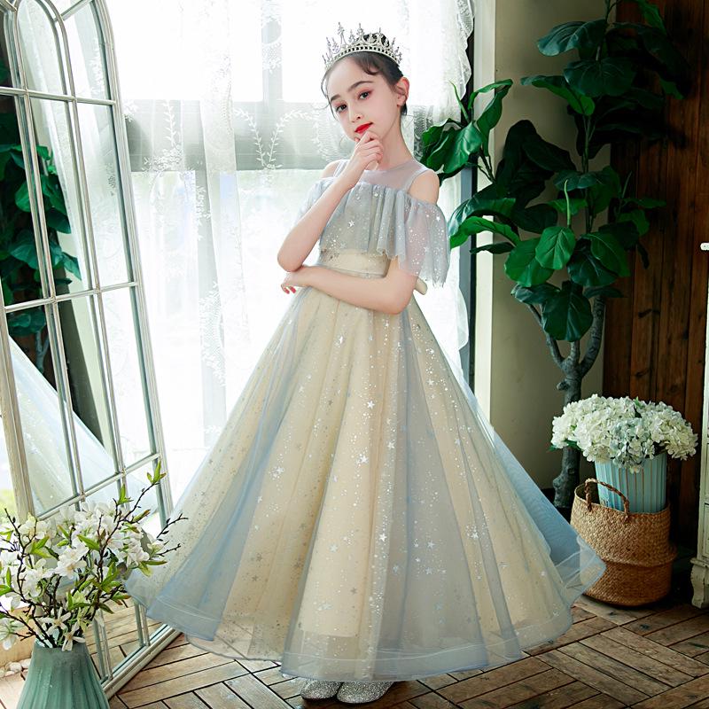 Elegant Girls' Long Formal Champagne Dress for Summer Piano Performance