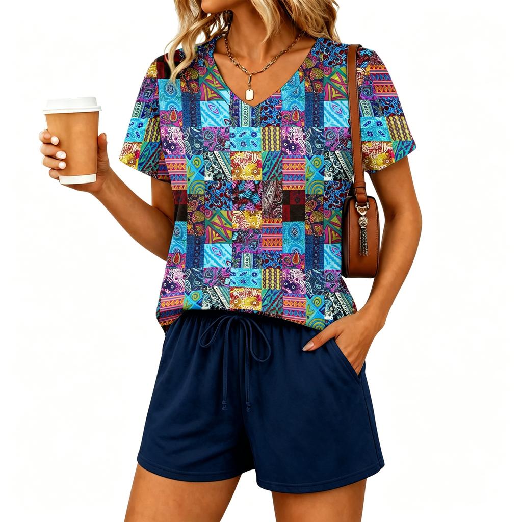Women's Casual Two Piece Set V Neck Short Sleeve Floral Print Top with Elastic Waist Drawstring Shorts Lounge Wear
