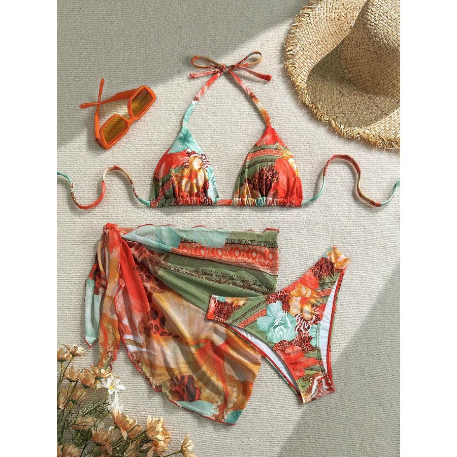 Women s New Apron Style Three Piece Swimsuit Set  Floral Print Tie Up Bikini S