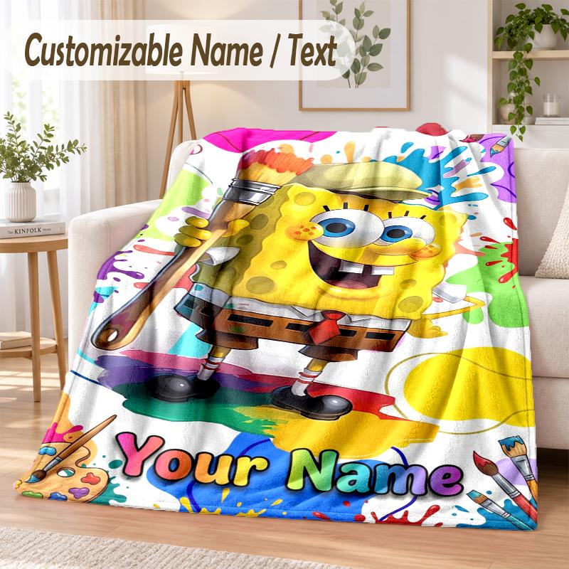 SpongeBob Custom Name Flannel Throw Blanket Soft Warm for Sofa Bed Indoor Home Use