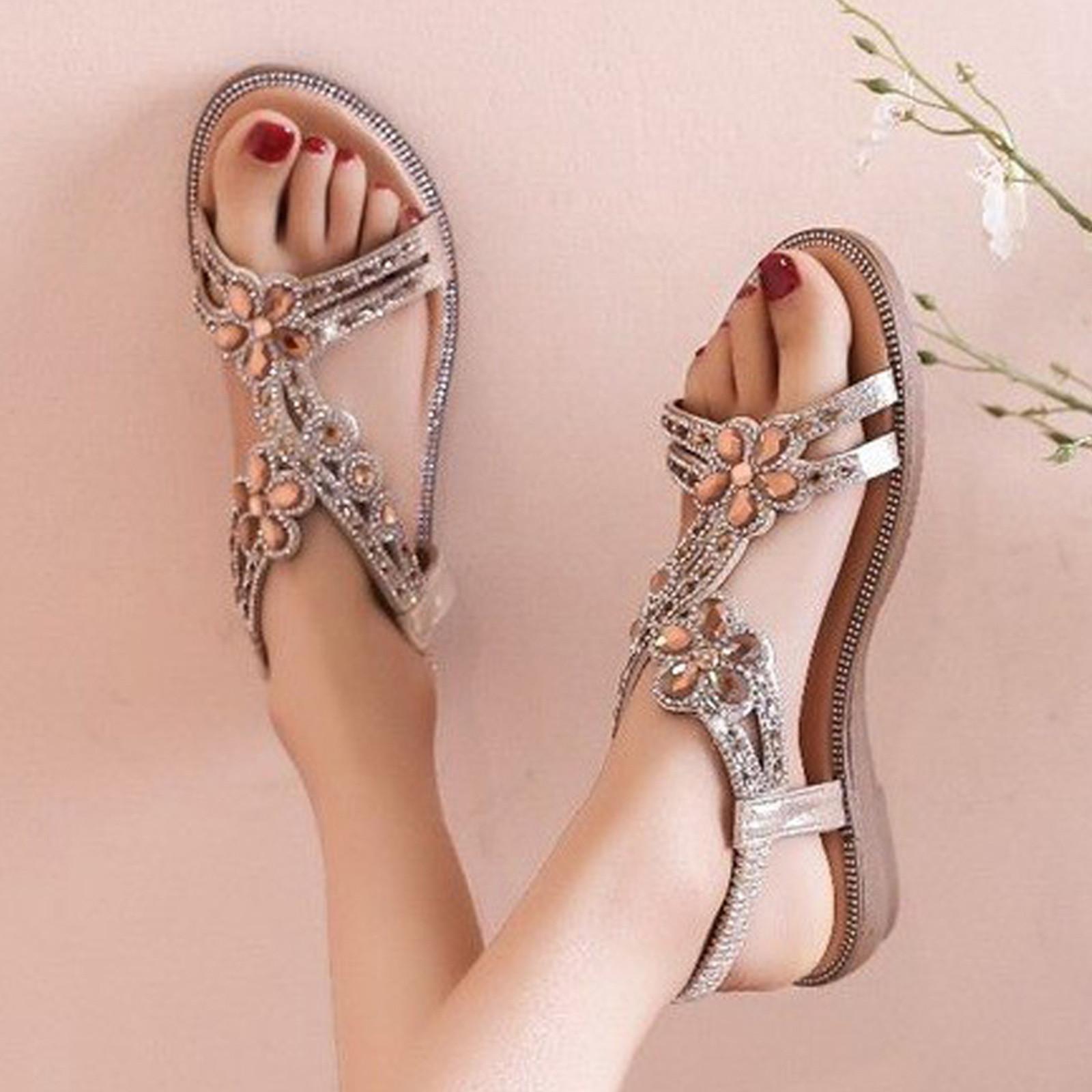 

Летние женские богемные эластичные сандалии на плоской подошве с кристаллами и цветами, пляжная обувь 39 золотой