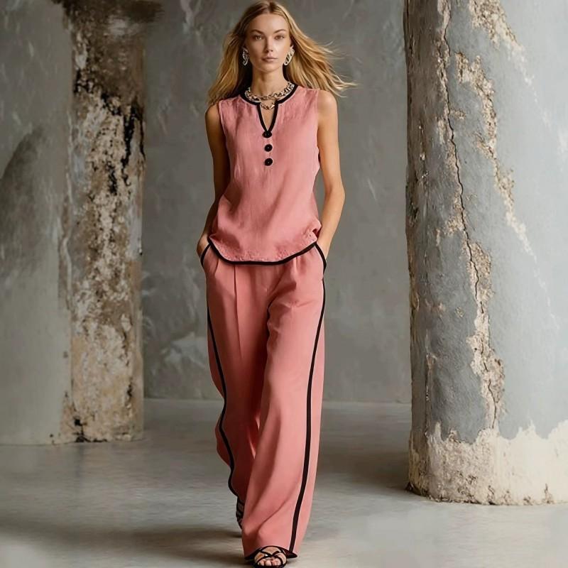 2026 Womens Sleeveless V-Neck Top Wide-Leg Pants Set Color-Block Contrast Trim Lightweight Breathable Outfit