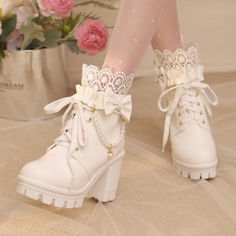 Женские ботильоны на платформе, на шнуровке, с жемчужной цепочкой, с бантом, великолепные, удобные, на массивном высоком каблуке 9 см, готические ботинки-комбаты, молния сзади 34
