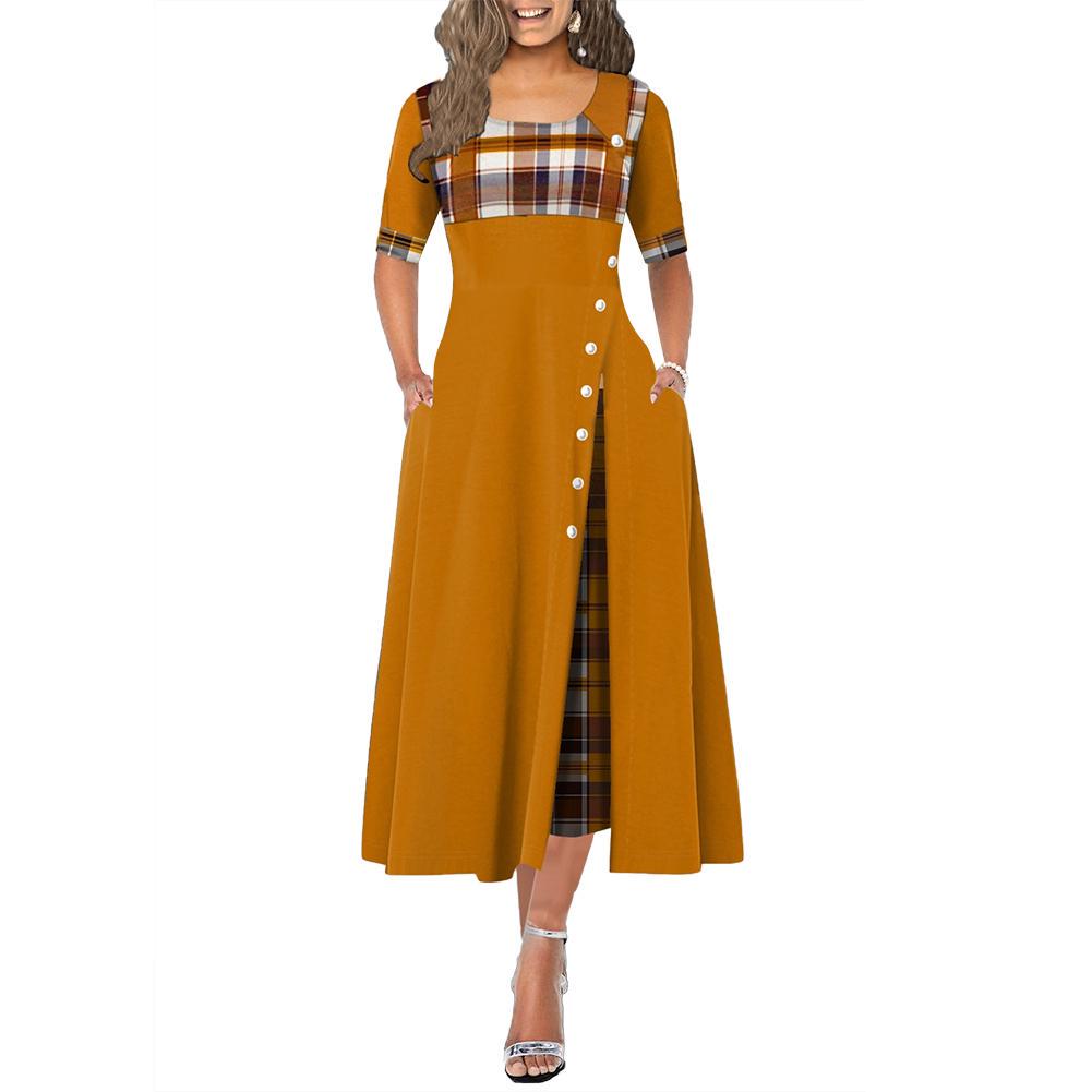 (S-5XL) Women Plus Size O Neck Half Sleeve Stitching Plaid Irregular Hem Buttons Decor Maxi Dress