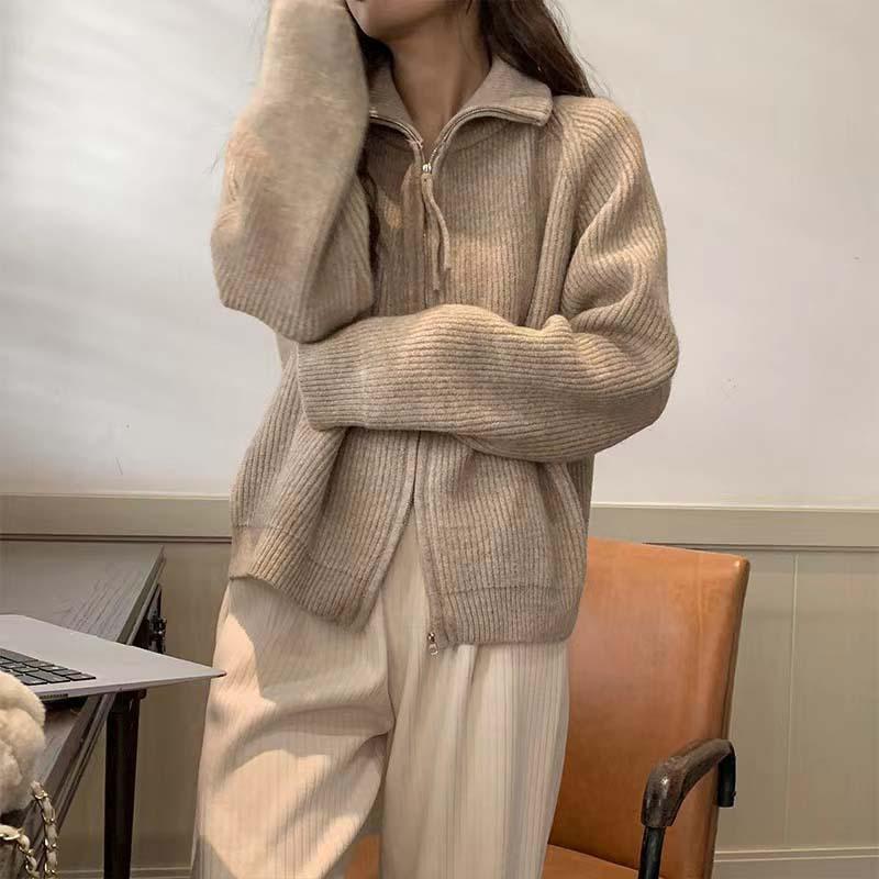 

Korean Style Women s Double Zipper Knit Cardigan with Turn-Down Collar for Autumn/Winter 2025 One Size хаки