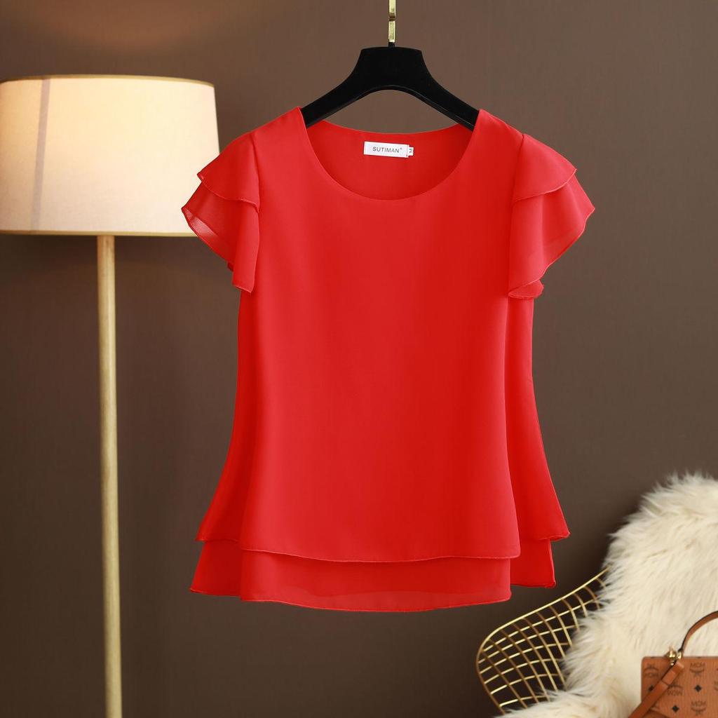 Women Summer Blouse Loose Oversized Short Sleeve O Neck Shirt Female Tops