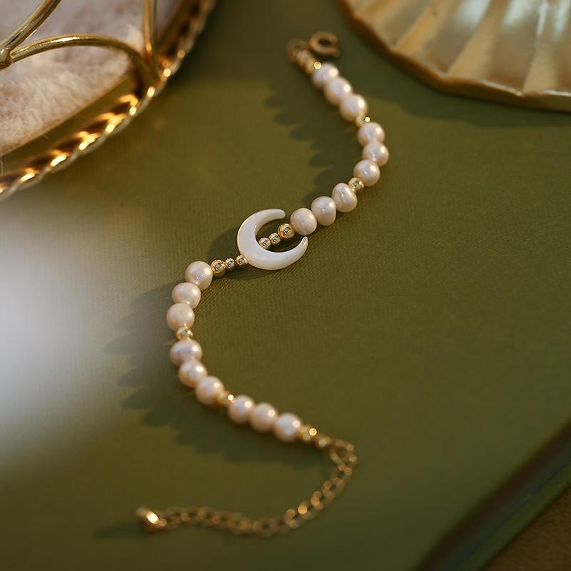 New Arrival Trendy Moon Design Natural Freshwater Pearl 14K Gold Filled Ladies Bracelet  For Women Birthday Gifts