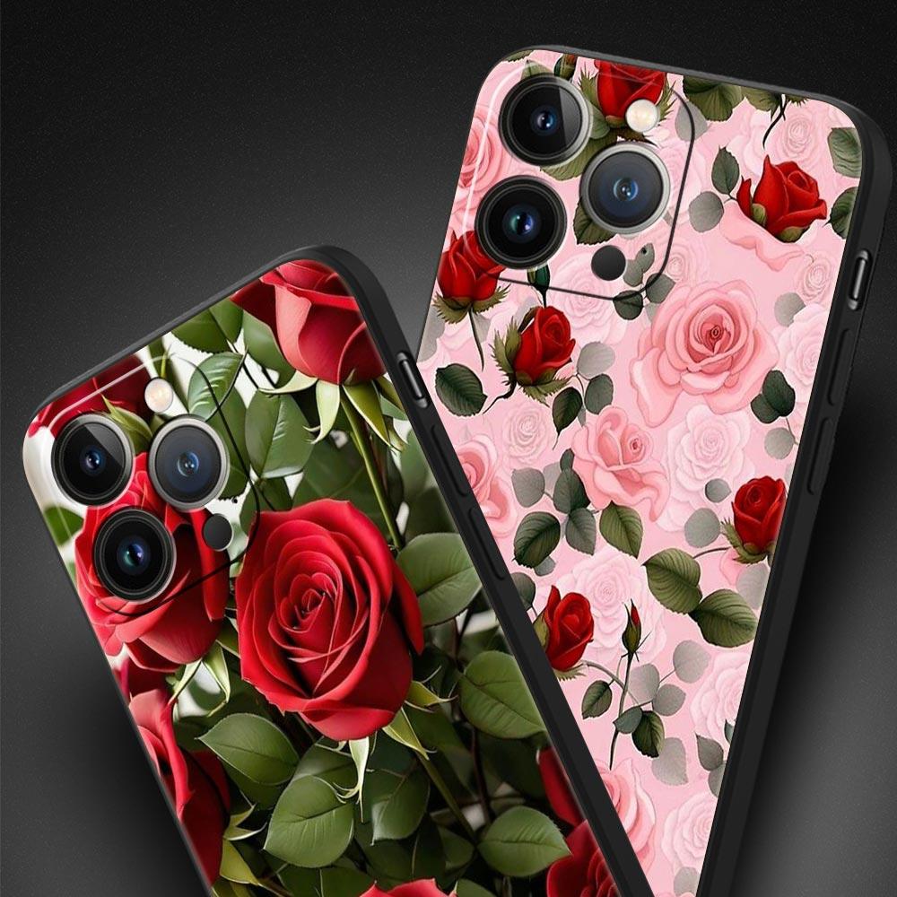 Luxury Phone Case For Apple iPhone 11 15 14 Pro MAX 12 13 7 8 Plus X XR XS MAX SE Black Cover Funda Beautiful Red Rose Flowers