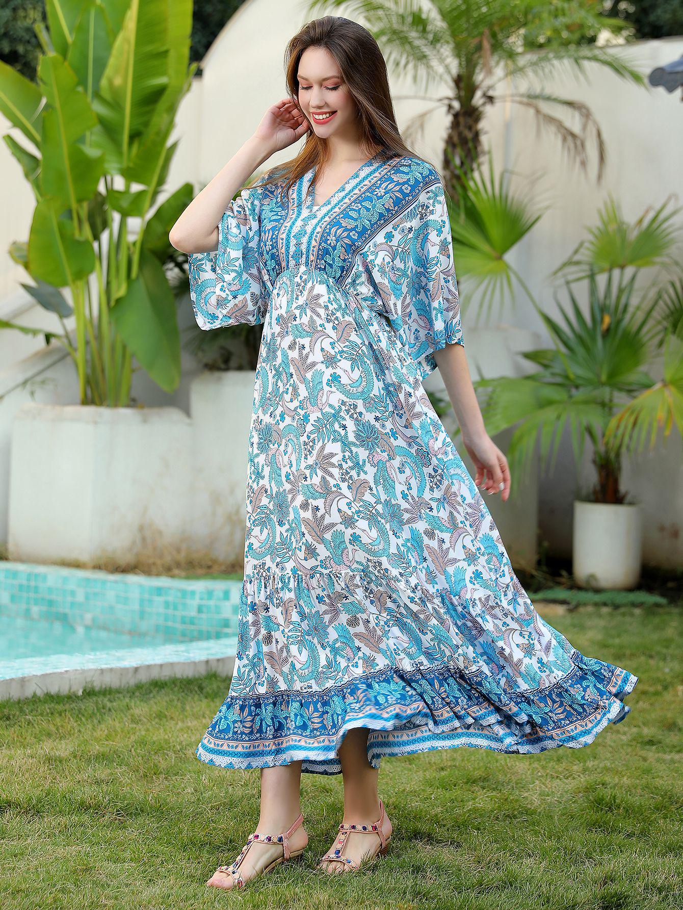 

Богемное этническое платье А-силуэта из вискозы с принтом - Платье с завышенной талией, длинное, для пляжного отдыха One Size