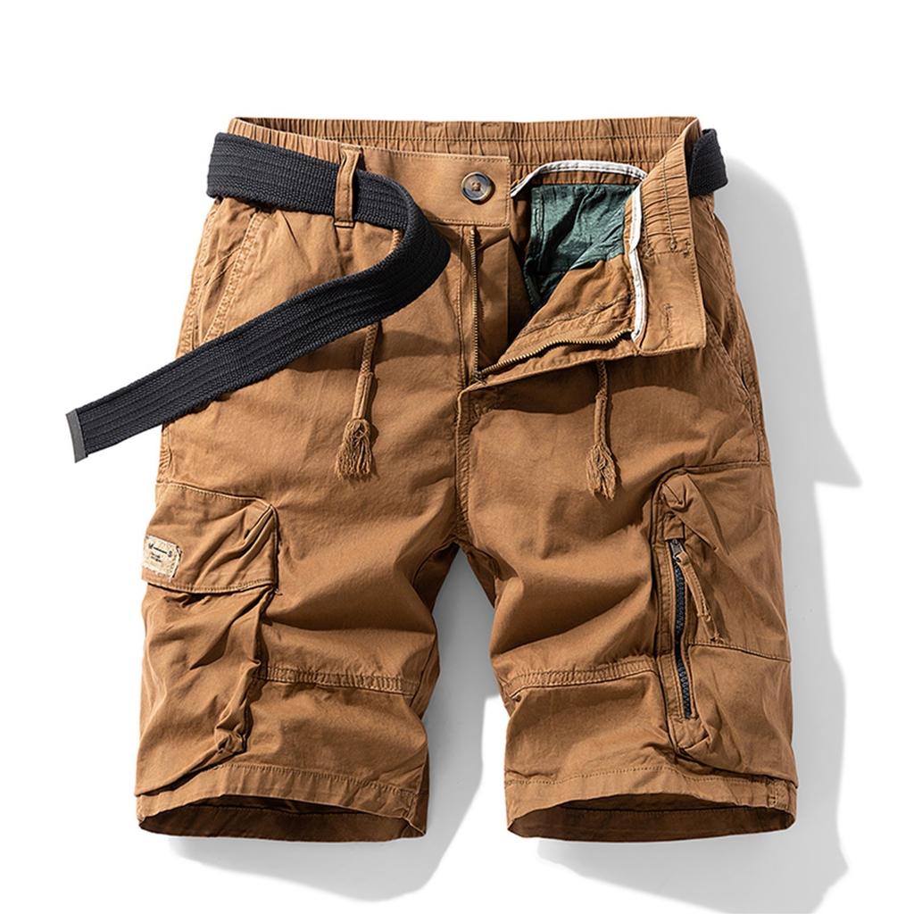 Men's Solid Color Work Pants, Cotton Five Quarter Pants, Retro Washed Multi Pocket Straight Leg Work Pants