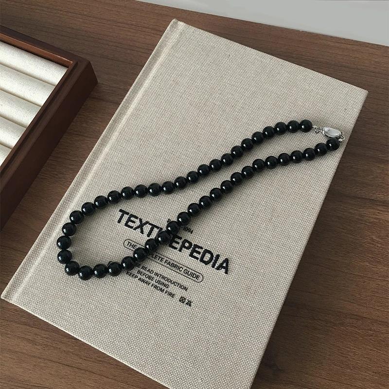 

Black Round Beads String Fashion Punk Smooth Necklace for Women Men Unisex Acrylic Beads Choker Zircon on The Neck Collar Gift