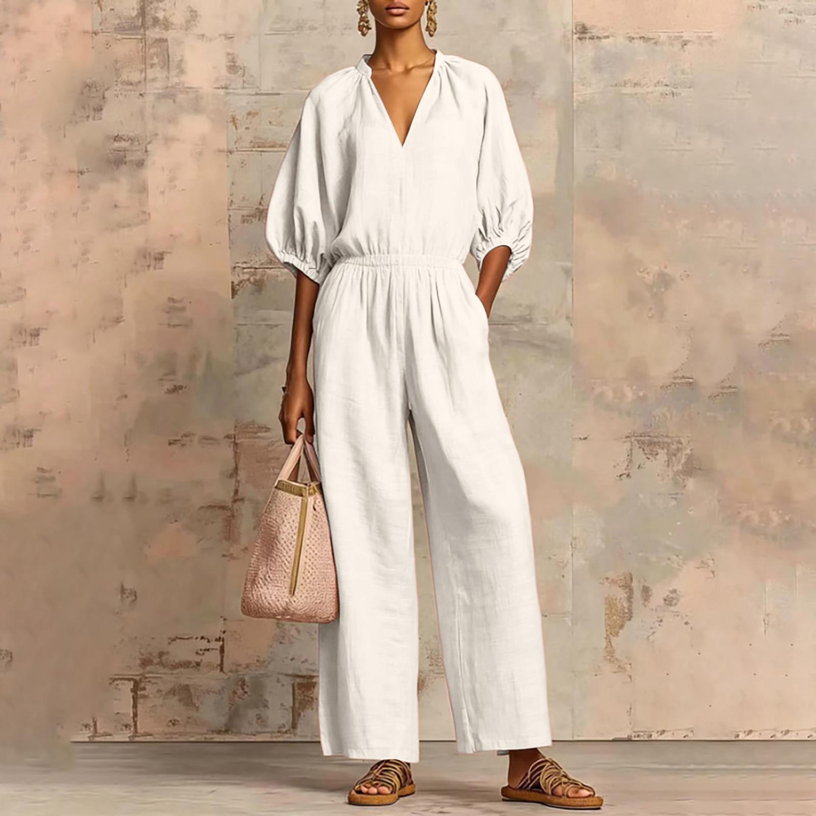

Ladies Casual And Elegant Waist Cinched V-neck Temperament Jumpsuit XL білий