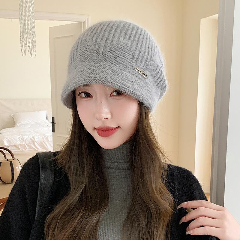 New Hat Women's Winter Knitted Face Small Autumn and Winter Rabbit Fur Warm and Thickened Piled Wool Hat