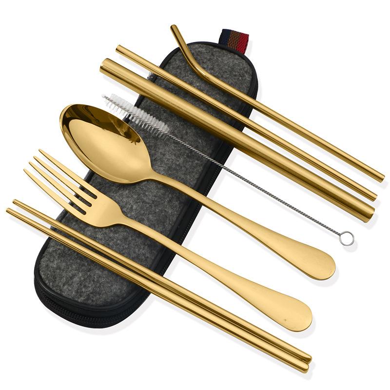 Stainless Steel Portable Tableware Stainless Steel Straw Chopsticks Fork Soup Spoon Combination Set Seven Piece Set Dinner Set