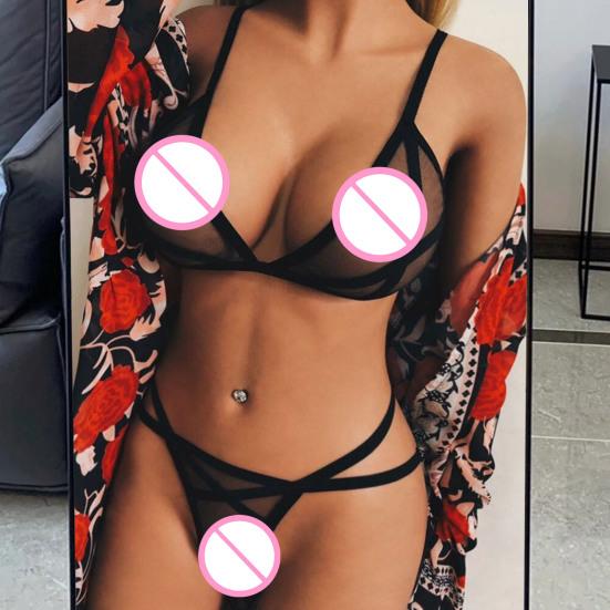 2 Pcs/Set Bra Panties Set See-through Mesh Hollow Out Solid Color Elastic Strap Decor Thin High Waist Wedding Night Honeymoon Underwear Set