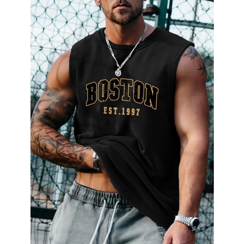 Pánská letní móda ležérní sportovní volná vesta s potiskem Boston est 1997 pohodlná prodyšná kulatý výstřih bez rukávů