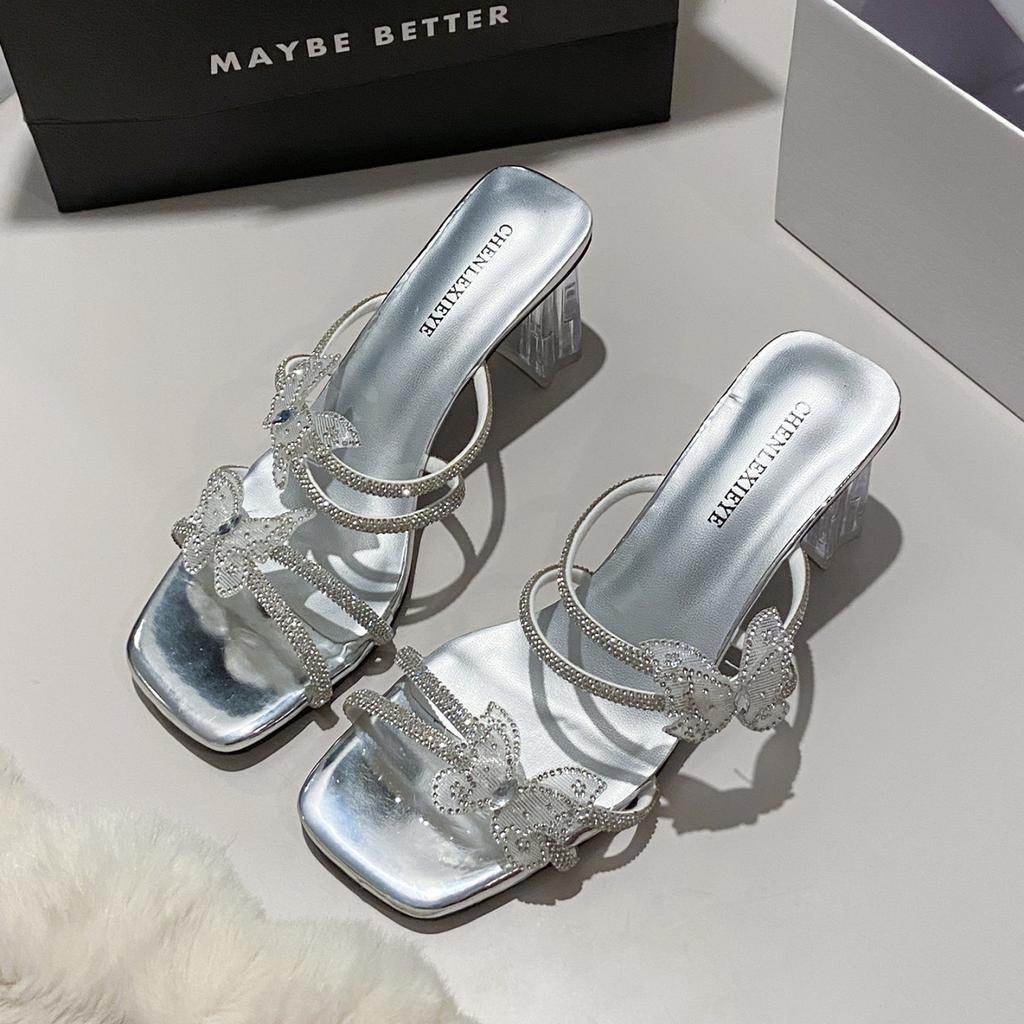 French Thick-heeled Slippers Women's Summer Skirt 2025 New Bow Rhinestone High Heels Casual Open-toed Slippers