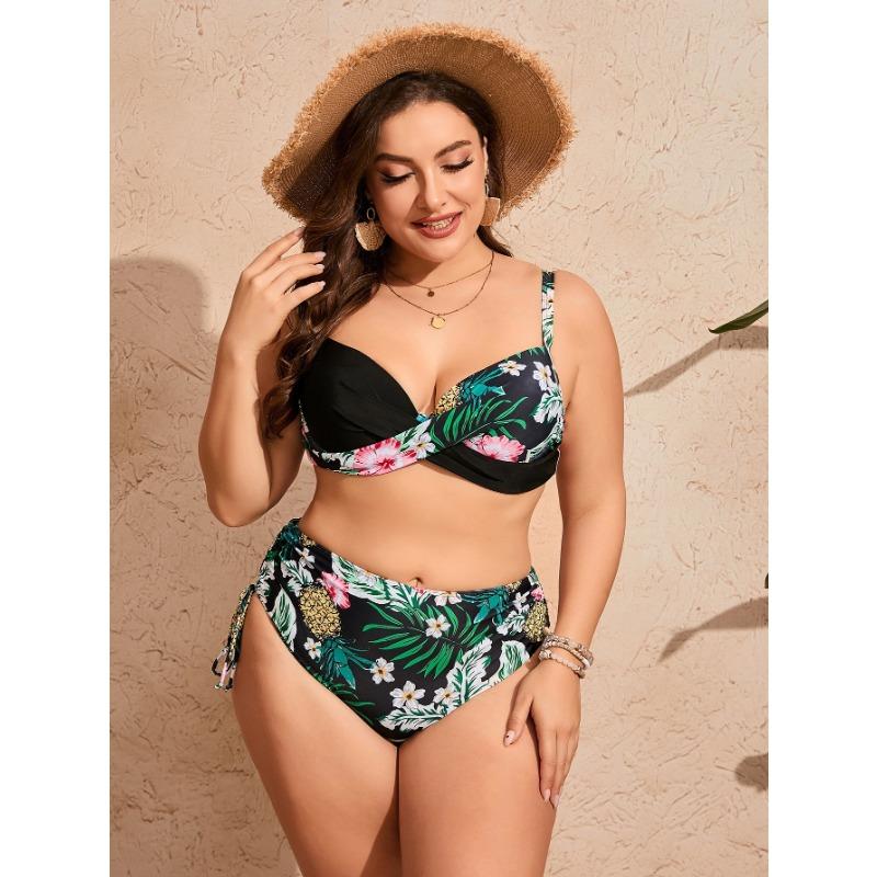 Women's Tropical Floral Print Cross Wrap High Waisted Bikini Set with Drawstring Sides