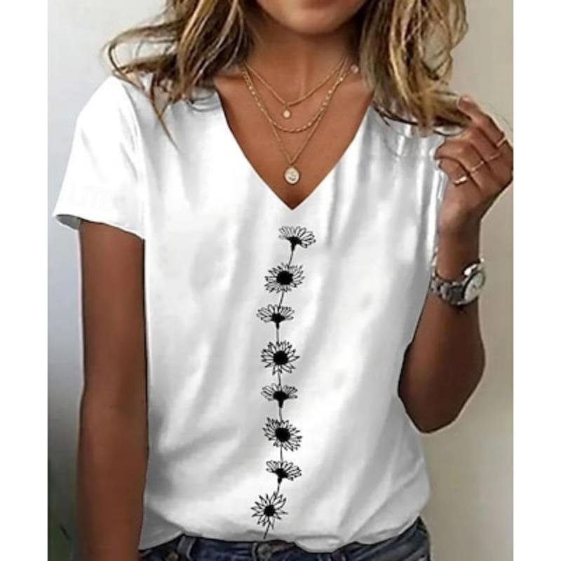 Women's T Shirt Floral Graphic Plants Casual Short Sleeve V Neck Regular Tops Daily Going Out Weekend Print Summer Spring