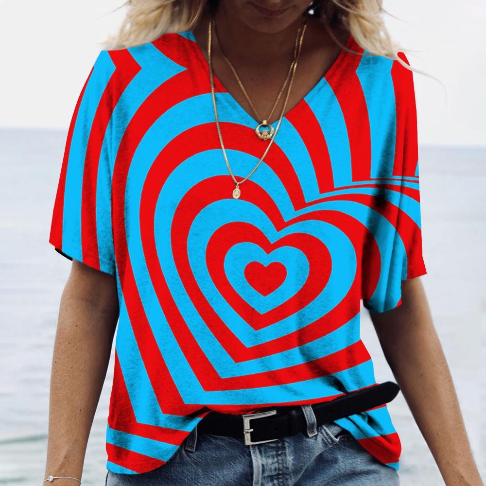 Moda damska odzież 3d krzywa koszulka z nadrukiem Casual dekolt w serek nowa abstrakcyjna damska koszulka ponadgabarytowa odzież uliczna topy z krótkim rękawem