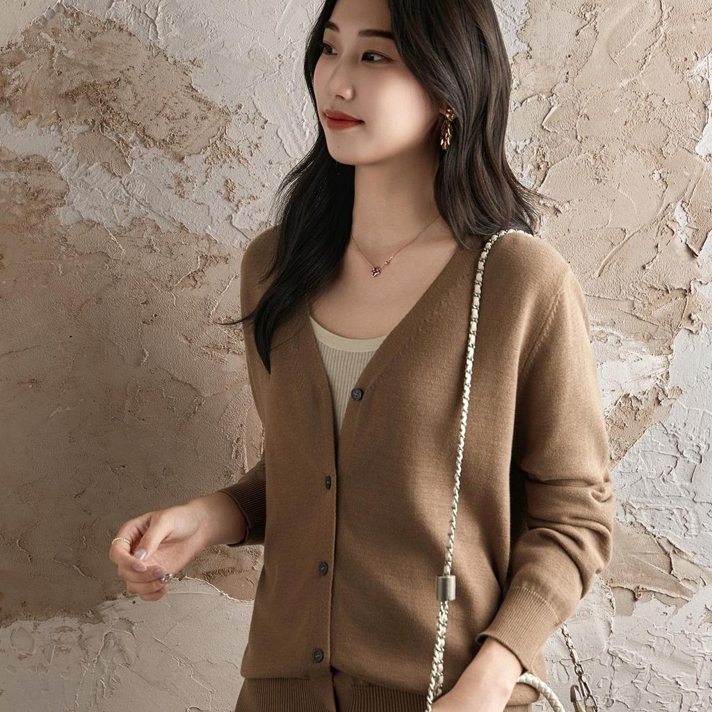 Damen 100% Baumwolle Strick V-Ausschnitt Strickjacke - Frühling/Herbst, Lockere Passform, Unifarbe, Atmungsaktiv, Hohe Dichte, Sonnenschutz Oberbekleidung.